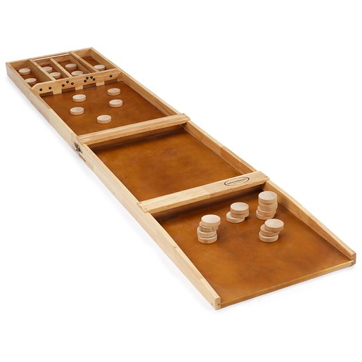 Wooden Dutch shuffle table game featuring a smooth brown playing surface, light wood frame, and wooden pucks, designed for competitive play.