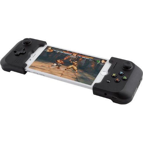 Black Gamevice Controller for iPhone featuring ergonomic grips, analog sticks, and button layout, securely holding an iPhone in the center while displaying a game on the screen.