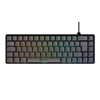 Black and grey 65% mechanical gaming keyboard with Kailh Blue switches, featuring RGB backlighting and compact layout, designed for UK key configuration.
