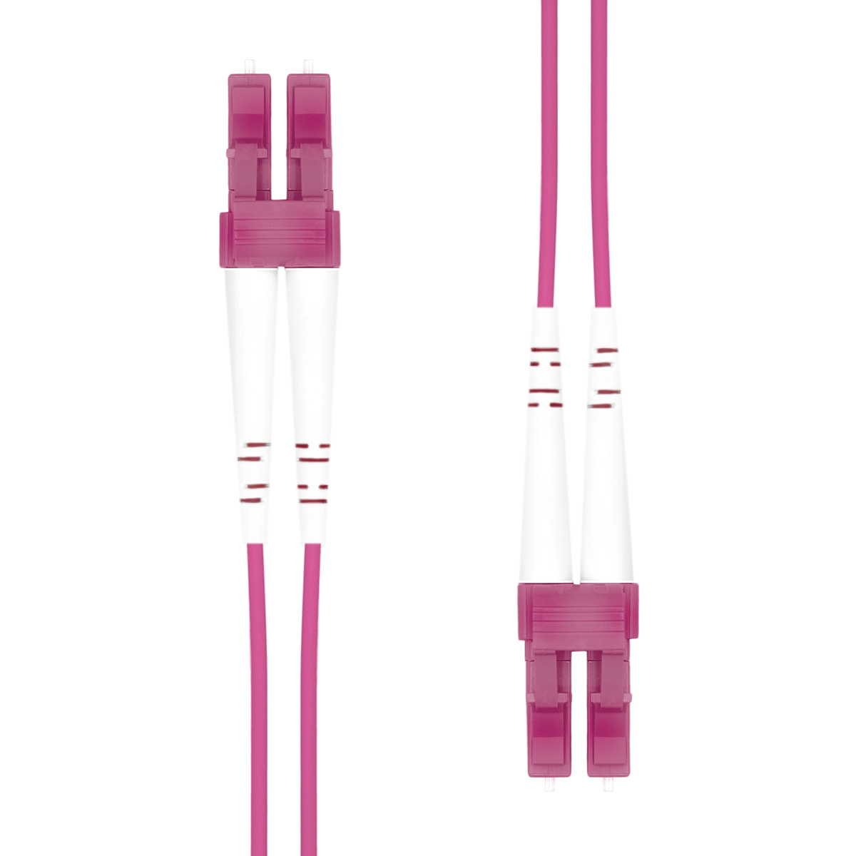 Violet 0.5 M InfiniBand/fibre optic cable featuring two LC connectors with a white and pink design, ideal for high-speed data transmission.