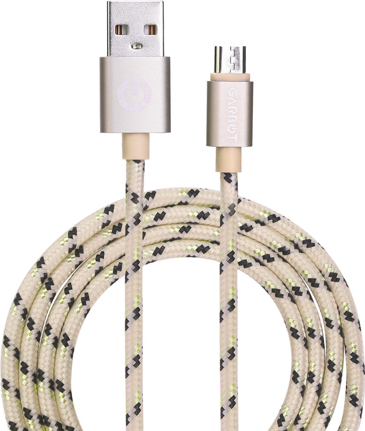 Gold USB A to Micro-USB B cable, 1 meter long, featuring a braided beige and black design with metallic connectors, ideal for charging and data transfer.