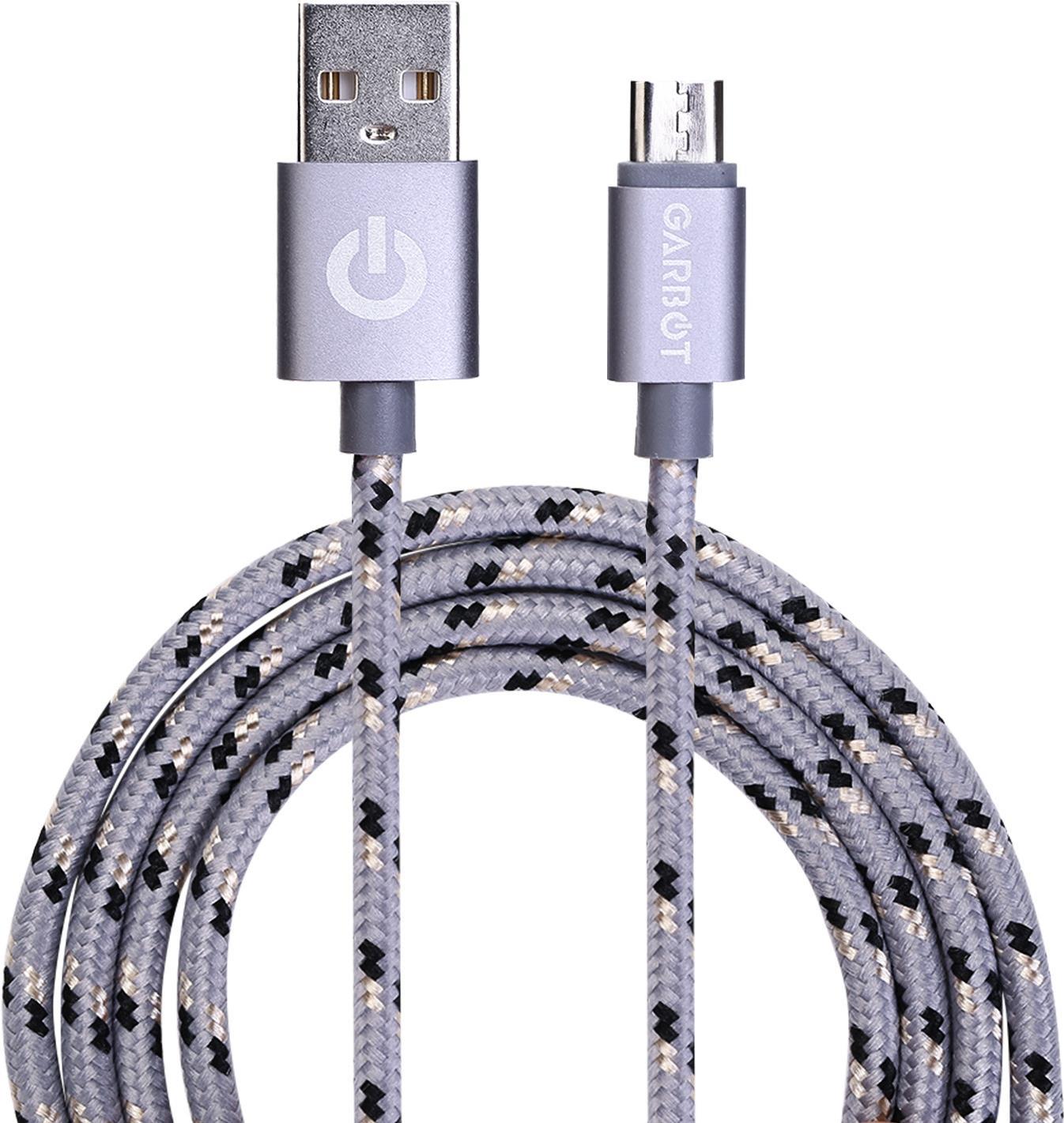 Silver USB to Micro-USB B cable, 1 meter long, featuring a braided design with black and white accents, and a power symbol on the USB connector.