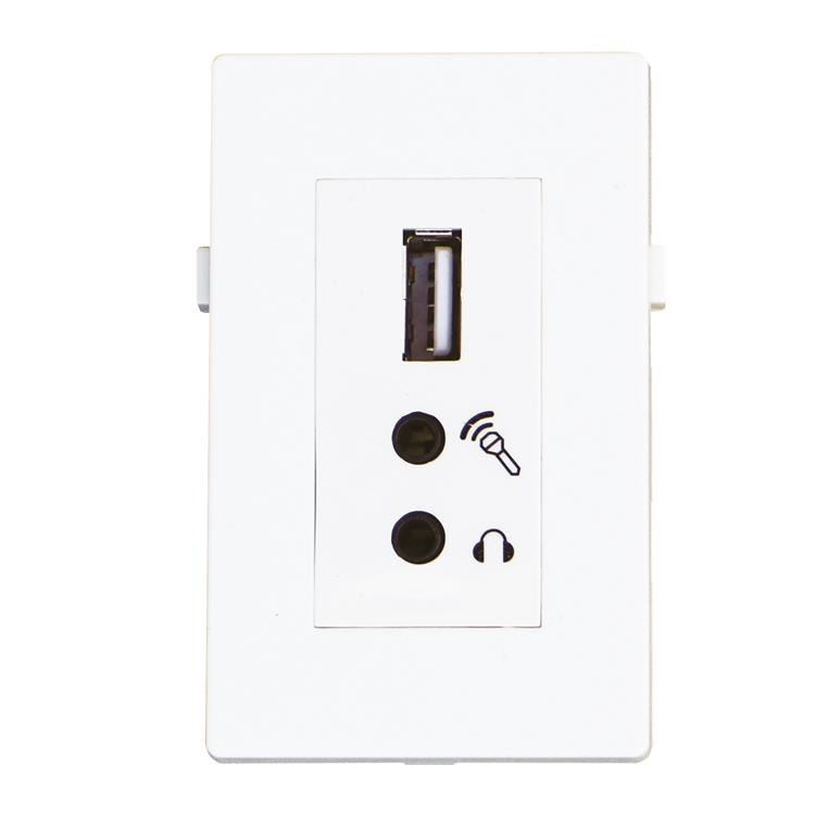 White rectangular module featuring one USB 2.0 port and two 3.5mm audio jacks, with clear icons for microphone and headphones, measuring 20 cm in length.