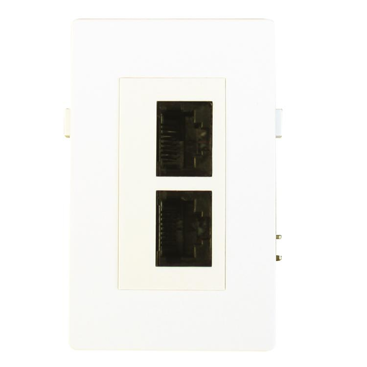White Garbot UTP Cat6 2x LSA module featuring two black Ethernet ports, designed for network connectivity, mounted in a sleek rectangular housing.