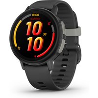 Garmin Bounce 2 Smartwatch for Kids, black round face, colorful digital display, gray adjustable strap.