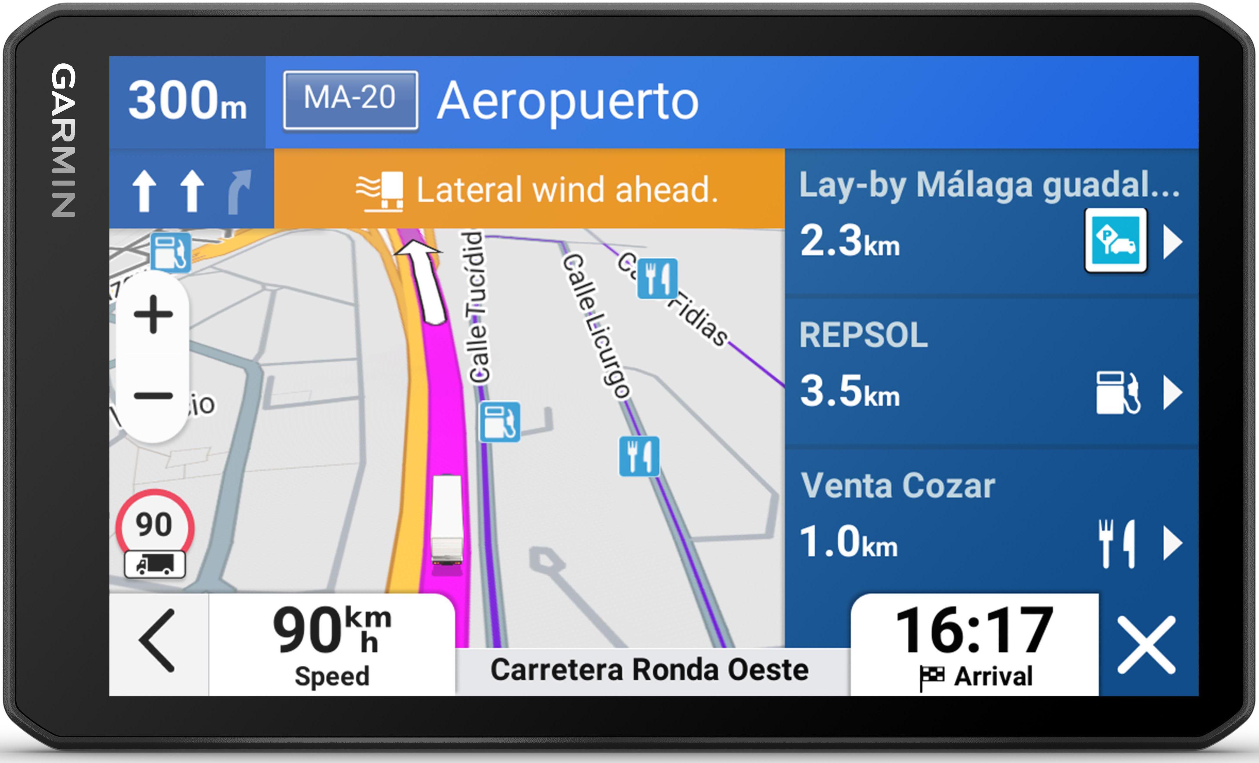 Garmin Dezl LGV720 GPS with 7-inch touchscreen, map display, speed limit alert, and navigation features.