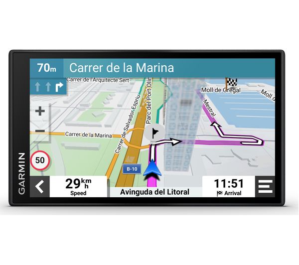Garmin DriveSmart 66 navigator features a 15.2 cm (6") TFT touchscreen displaying a detailed map with navigation instructions and speed information.