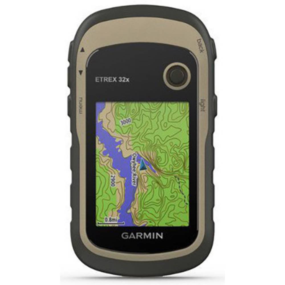 Garmin eTrex 32x GPS device featuring a rugged black and tan casing, a color display showing topographic maps, and buttons for navigation.