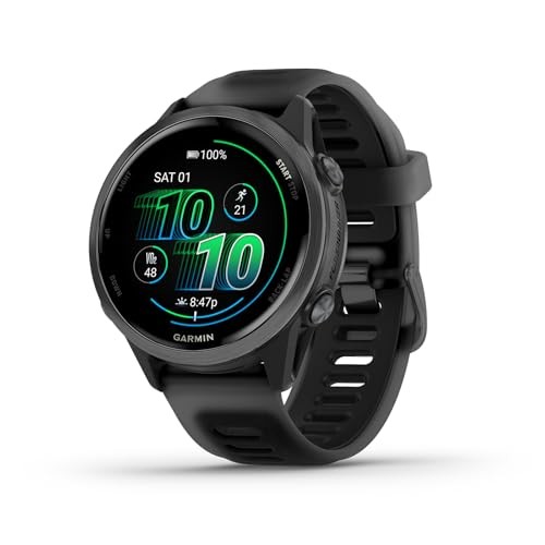 Garmin Forerunner 570 smartwatch features a 42mm slate grey aluminum bezel, a translucent black band, and a vibrant display showing fitness metrics and date.