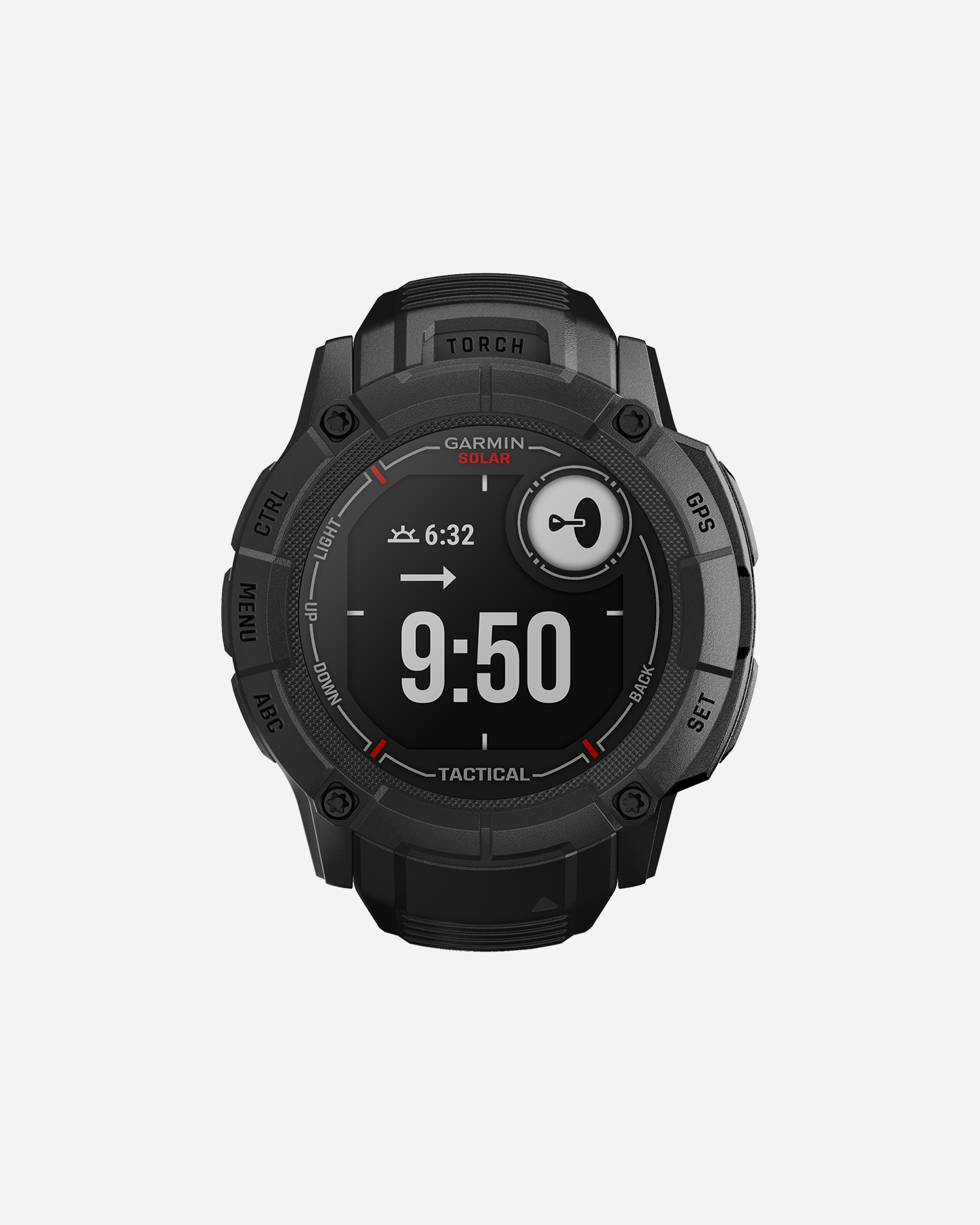 Garmin Instinct 2X Solar Tactical Edition watch in black features a rugged design, solar charging capability, and a digital display showing time and tactical functions.