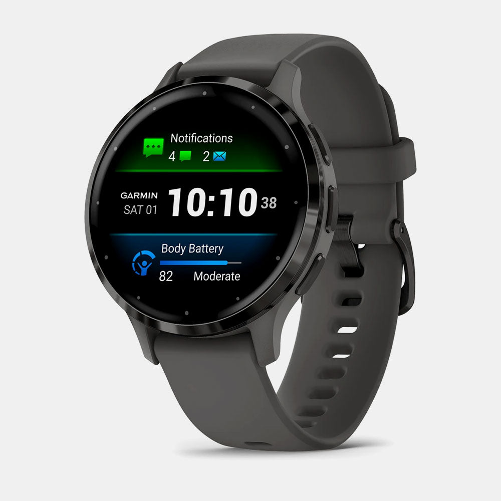 Garmin Venu 3s GPS smartwatch in pebble grey, featuring a round display, fitness tracking interface, silicone strap, and dimensions of 41 x 41 x 12 mm.