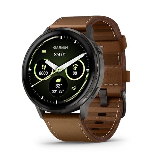 Garmin Venus 4 GPS smartwatch features a slate black bezel, a brown leather strap, and a round display showing fitness stats and the date.