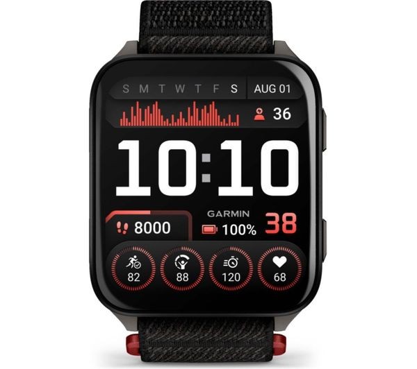 Garmin Venu X1 smartwatch features a sleek black design with a vibrant display, showing fitness stats, heart rate, and activity tracking icons, complemented by a textured strap.