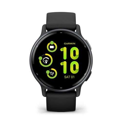 Black Garmin Vívoactive 5 GPS smartwatch features a round display with vibrant green icons and numbers, designed for fitness tracking, suitable for wrist circumferences of 125-190 mm.