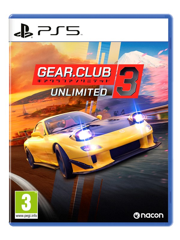 Cover art for "Gear Club Unlimited 3" features a sleek yellow sports car racing on a vibrant track, with mountains in the background and bold text on a blue PS5 case.