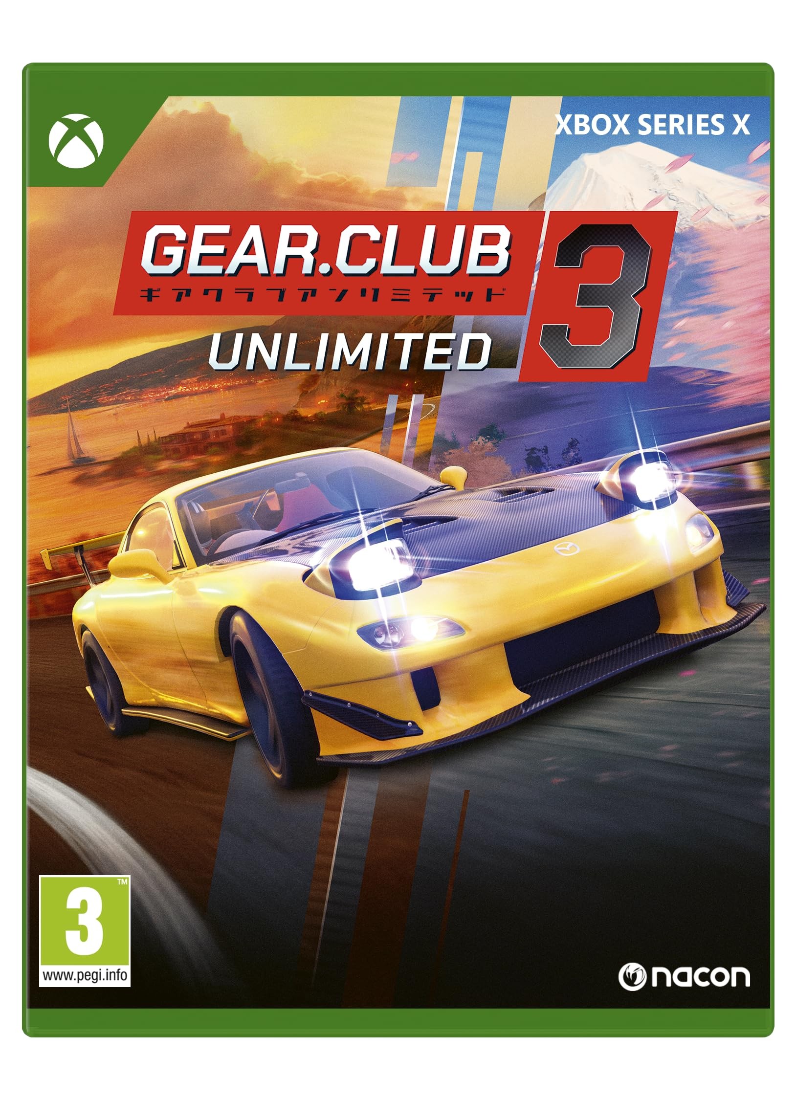Cover art for "Gear Club Unlimited 3" featuring a bright yellow sports car racing on a track, with mountains in the background and the Xbox Series X logo prominently displayed.