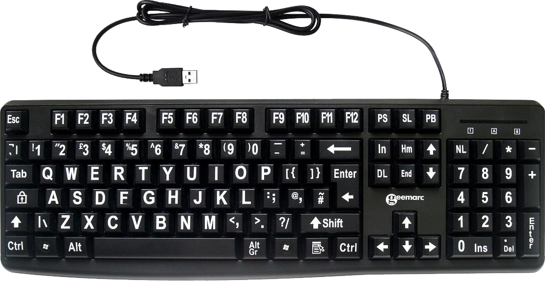 Black USB keyboard with large white letters and symbols, featuring a standard layout, function keys, and a sturdy design, ideal for enhanced visibility and accessibility.