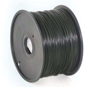 Black polylactic acid (PLA) 3D printing filament on a spool, featuring a smooth texture and a central hole for easy feeding into a 3D printer.