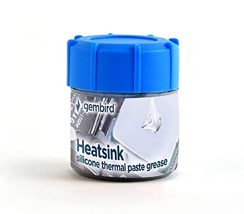 Blue-capped container of Gembird TG-G15-02 thermal paste, labeled "Heatsink silicone thermal paste grease," with a clear base showcasing the product inside.