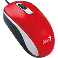 Red Genius DX-110 USB optical mouse, ambidextrous design, black sides, white accents, scroll wheel, 1000 DPI.