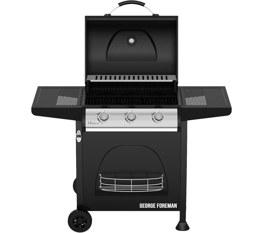 Black George Foreman GFGBBQ3B 3-burner gas barbecue with automatic ignition, integrated thermometer, two shelves, and two wheels for easy mobility.