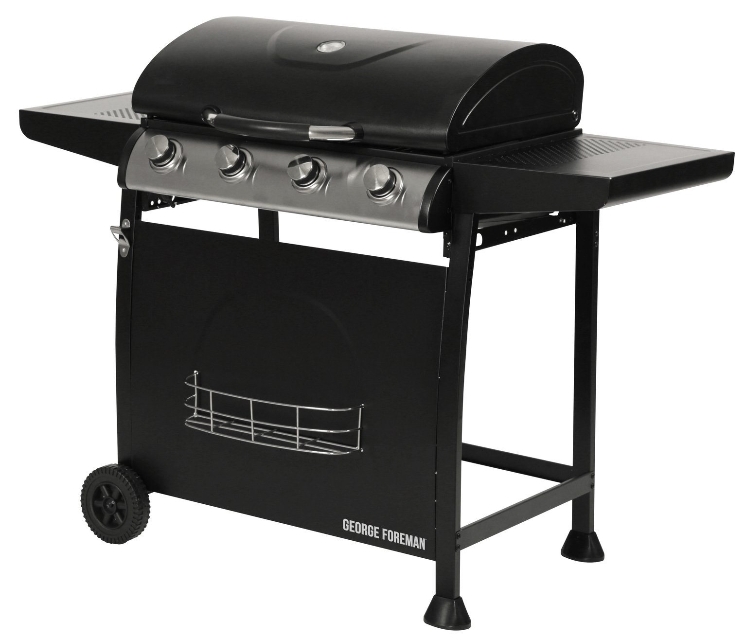 Black 4-burner gas BBQ grill with automatic ignition, integrated thermometer, stainless steel knobs, and a sturdy cart with wheels for mobility.