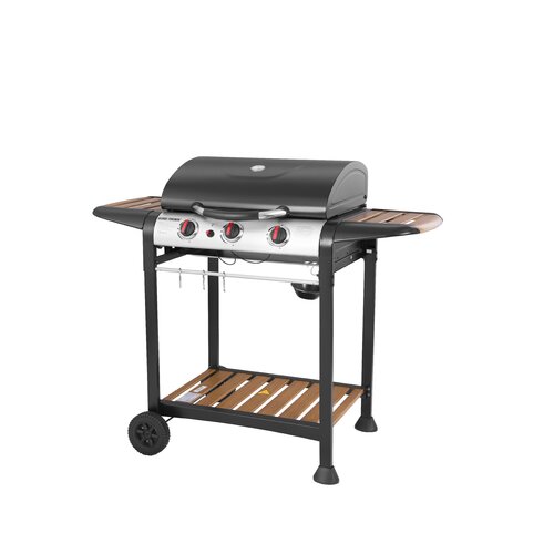 Black and silver three-burner gas BBQ with a wood-effect side table, featuring control knobs, a lid, and a lower shelf on a sturdy wheeled frame.