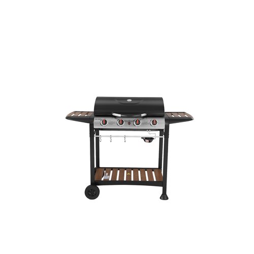 Black gas BBQ grill with four burners, wooden side shelves, stainless steel accents, and a cart design featuring wheels for mobility.