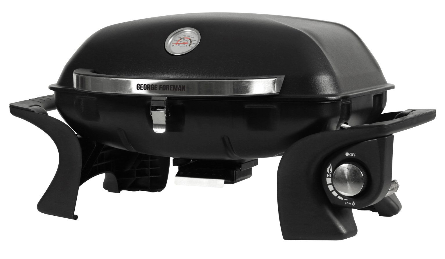 Portable black gas BBQ with a steel body, integrated thermostat, automatic ignition, and compact design, featuring side handles for easy transport.