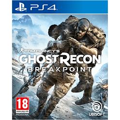 Cover art for "Ghost Recon Breakpoint" featuring a soldier carrying another in a rugged landscape, with a blue PS4 logo and Ubisoft branding at the top.