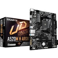 GIGABYTE A520M H ARGB motherboard with black PCB, silver heatsinks, and RGB lighting, supports AMD Ryzen 5000 CPUs.