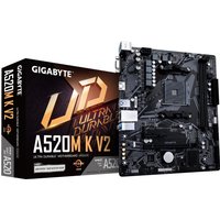 GIGABYTE A520M K V2 motherboard, black PCB, AM4 socket, PCIe Gen3, USB 3.2 ports, with packaging box.