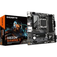 GIGABYTE A620M GAMING X Motherboard with black PCB, orange accents, and PCIe 4.0 M.2 slot, next to retail box.