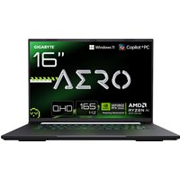 Black GIGABYTE AERO X16 gaming laptop, 16" display, sleek design, illuminated keyboard, Ryzen AI 7, RTX 5060 graphics.
