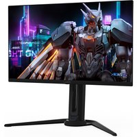 Black GIGABYTE AORUS FO27Q5P OLED gaming monitor with thin bezels, displaying a vibrant mech-themed wallpaper.