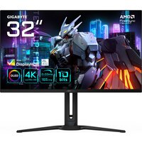 31.5” black GIGABYTE AORUS gaming monitor with OLED UHD display, 165Hz refresh, and futuristic robot graphic.