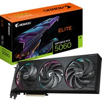 GIGABYTE AORUS RTX 5060 ELITE 8G graphics card, black with triple fans and RGB lighting, next to colorful box.