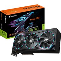 GIGABYTE AORUS RTX 5070 MASTER 12G graphics card with triple fan design and RGB lighting, box in background.