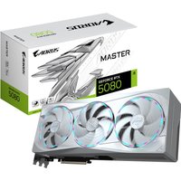 Silver GIGABYTE AORUS RTX 5080 graphics card with three cooling fans, next to branded box with eagle design.