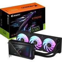 GIGABYTE AORUS RTX 5080 graphics card with RGB fans, black casing, and WATERFORCE cooling system, next to branded box.