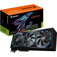 Black GIGABYTE AORUS RTX 5090 graphics card with triple fan design, RGB lighting, and 32GB GDDR7 memory.