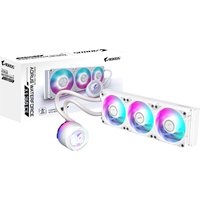 Gigabyte AORUS Waterforce X II 360 AIO Liquid CPU Cooler, white with RGB fans and digital display pump.