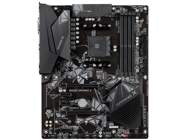Black ATX motherboard with a sleek design, featuring a prominent GIGABYTE logo, multiple DIMM slots, PCIe slots, and heatsinks for cooling.