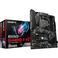 Black GIGABYTE B550 Gaming X V2 motherboard with heatsinks, PCIe slots, and AM4 socket, next to branded box.