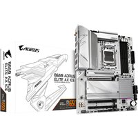 GIGABYTE B650 AORUS ELITE AX ICE motherboard, silver heatsinks, black slots, next to branded box.