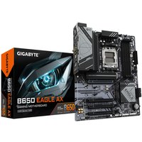 GIGABYTE B650 EAGLE AX motherboard, black with silver accents, featuring multiple PCIe slots and heatsinks.
