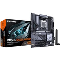 GIGABYTE B650E motherboard, black with silver accents, WiFi antenna, PCIe slots, and DDR5 RAM slots.
