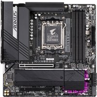 Black GIGABYTE B650M AORUS ELITE motherboard with silver accents, featuring multiple PCIe slots and RAM slots.