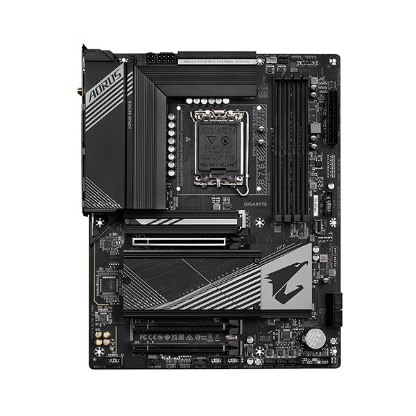 Black motherboard with silver accents, featuring an LGA 1700 socket, multiple PCIe slots, and DDR4 RAM slots, designed for Intel Core 14 processors by GIGABYTE.