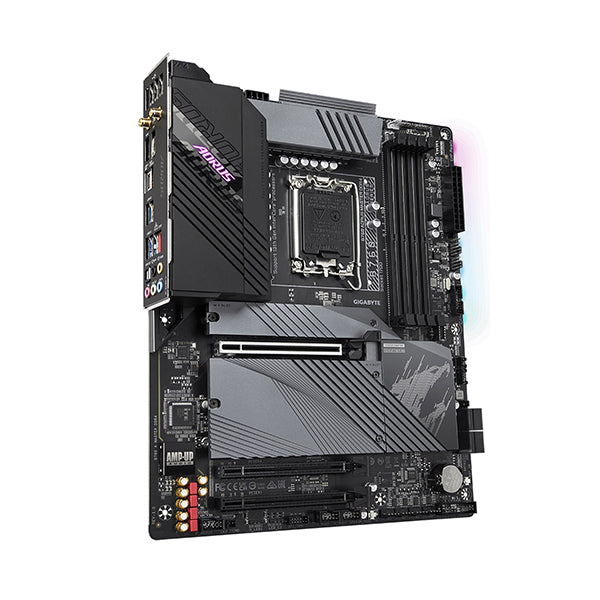 GIGABYTE B760 AORUS MASTER DDR4 motherboard in black with sleek metallic accents, featuring an LGA 1700 socket, multiple PCIe slots, and customizable RGB lighting.
